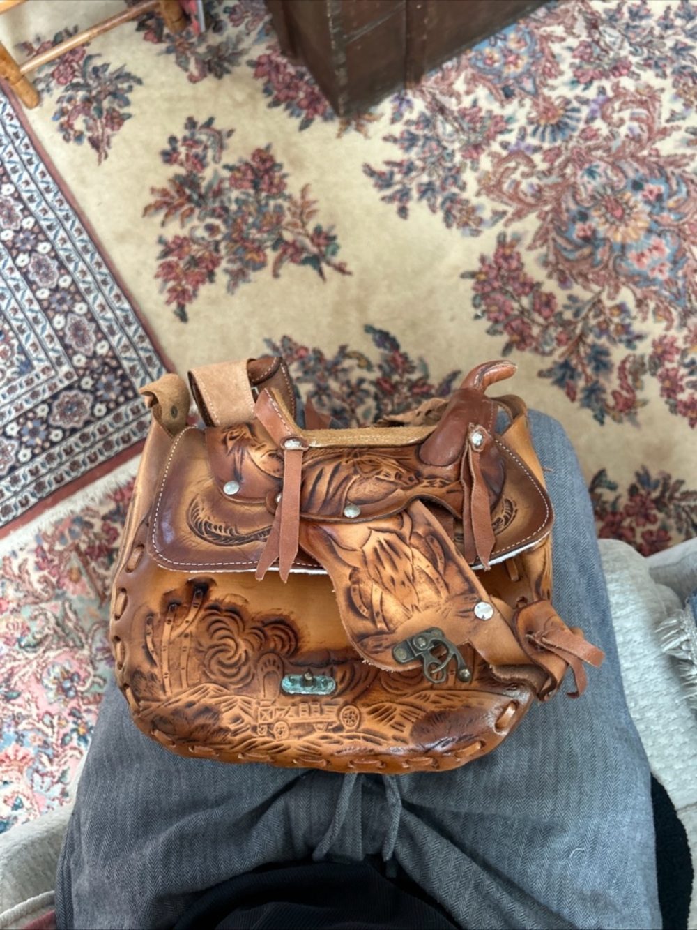 Horse Saddle Artisan Tooled Leather Brown Crossbody Bag